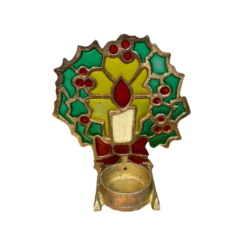 Vintage Cast Iron Christmas Candle Holder Holly Berry Stained Glass - Picture 4 of 6
